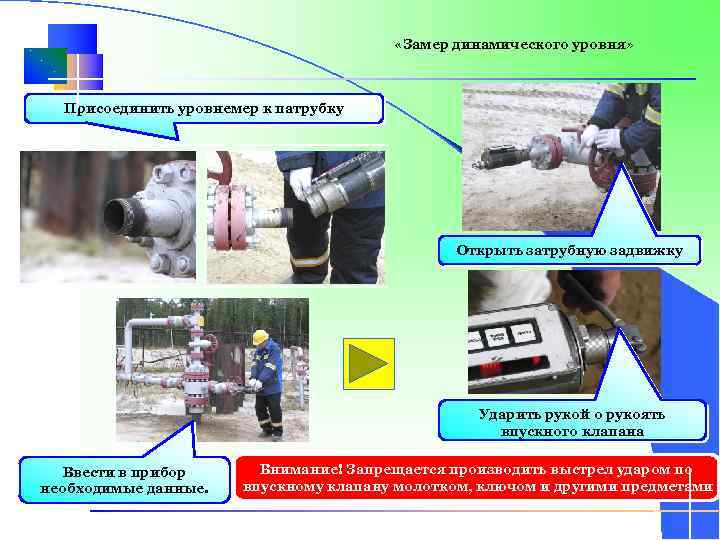  «Замер динамического уровня» Присоединить уровнемер к патрубку Открыть затрубную задвижку Ударить рукой о