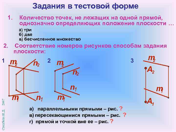 Задания в тестовой форме 1. Количество точек, не лежащих на одной прямой, однозначно определяющих