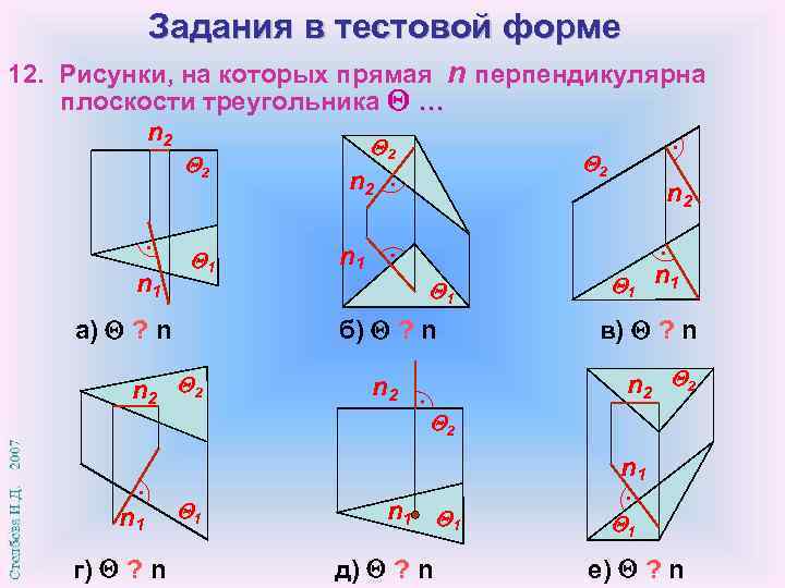 Задания в тестовой форме 12. Рисунки, на которых прямая n перпендикулярна плоскости треугольника …