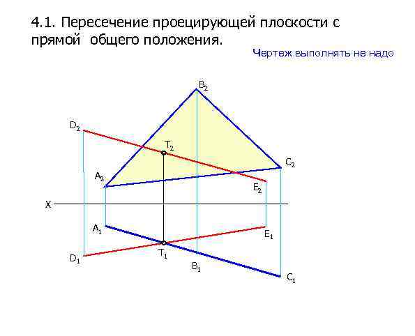 Пересечение прямой и плоскости. Пересечение прямой общего положения с проецирующей плоскостью. Пересечение плоскости общего положения с проецирующей плоскостью. Пересечение прямой общего положения с плоскостью общего положения. Плоскость общего положения показана на рисунке.