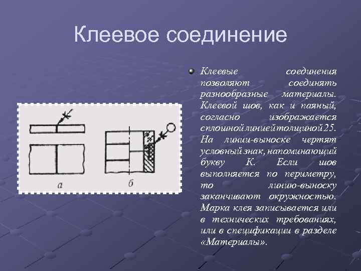 Клеевое соединение Клеевые соединения позволяют соединять разнообразные материалы. Клеевой шов, как и паяный, согласно