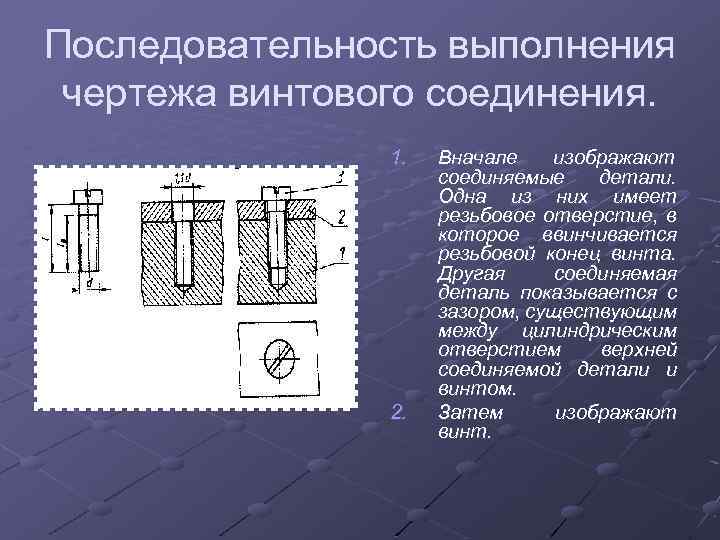 Последовательность выполнения чертежа винтового соединения. 1. 2. Вначале изображают соединяемые детали. Одна из них