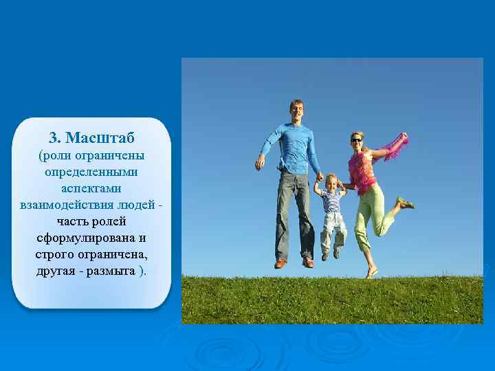 3. Масштаб (роли ограничены определенными аспектами взаимодействия людей часть ролей сформулирована и строго ограничена,