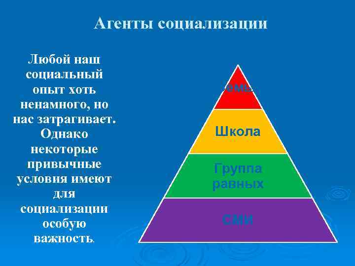 Агенты социализации Любой наш социальный опыт хоть ненамного, но нас затрагивает. Однако некоторые привычные