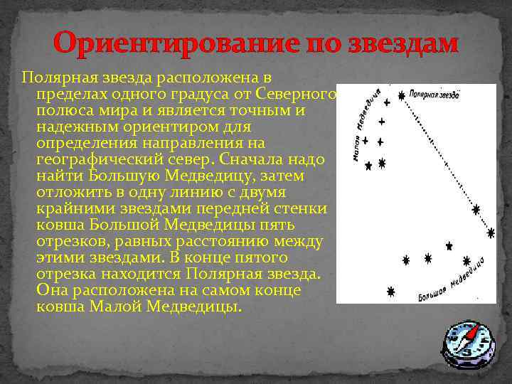 Ориентирование по звездам Полярная звезда расположена в пределах одного градуса от Северного полюса мира