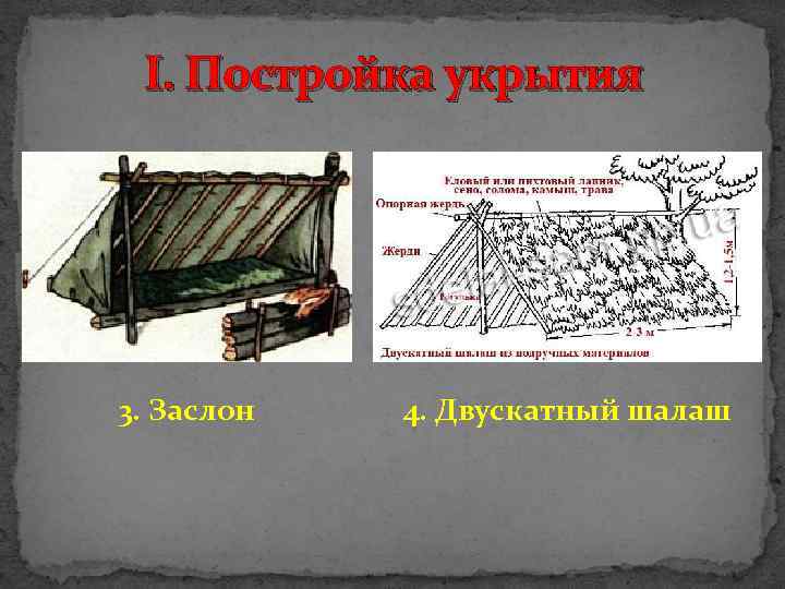 I. Постройка укрытия 3. Заслон 4. Двускатный шалаш 
