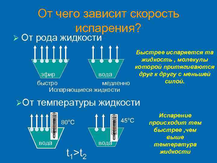 От чего зависит скорость испарения? Ø От рода жидкости Быстрее испаряется та жидкость ,