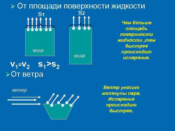 Ø От площади поверхности жидкости s 1 s 2 вода v 1=v 2 s
