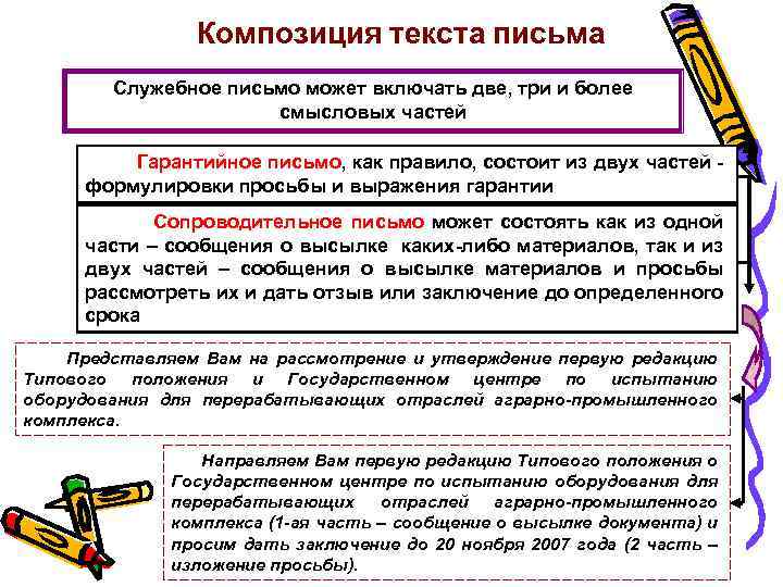 Композиция текста письма Служебное письмо может включать две, три и более смысловых частей Гарантийное