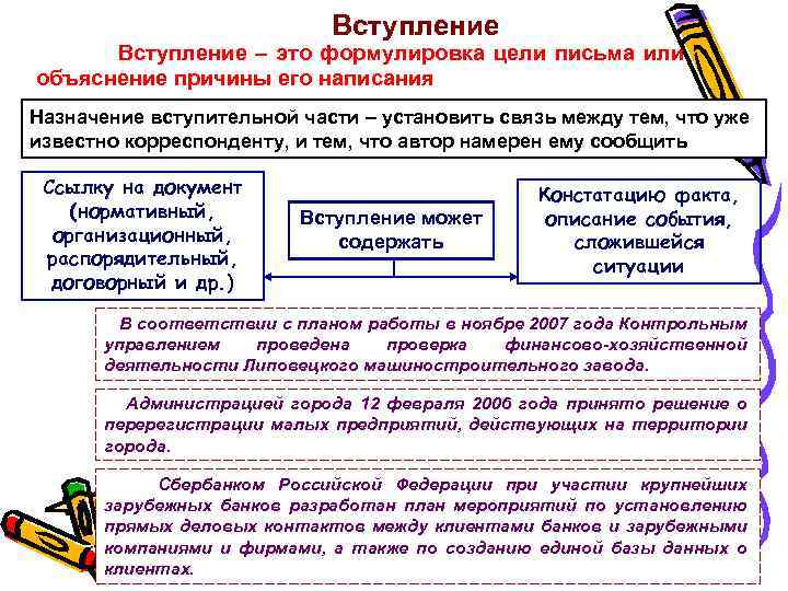 Вступление – это формулировка цели письма или объяснение причины его написания Назначение вступительной части