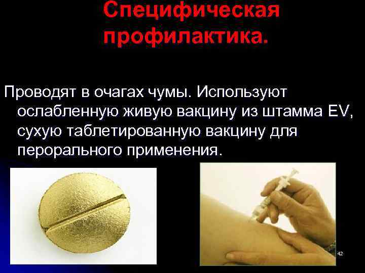 Специфическая профилактика. Проводят в очагах чумы. Используют ослабленную живую вакцину из штамма EV, сухую