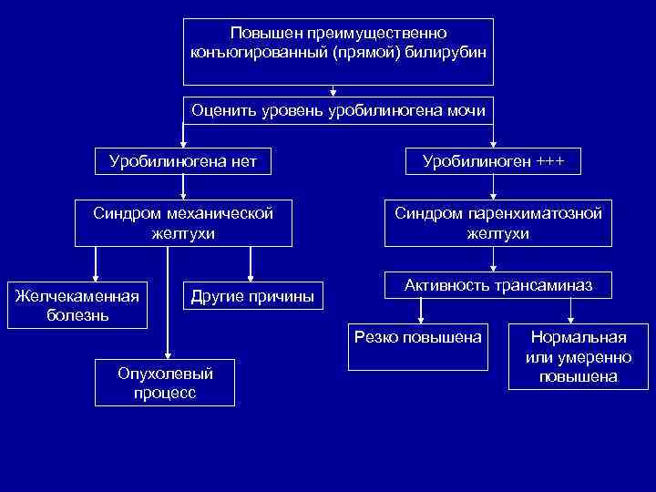 Повышен преимущественно конъюгированный (прямой) билирубин Оценить уровень уробилиногена мочи Уробилиногена нет Синдром механической желтухи