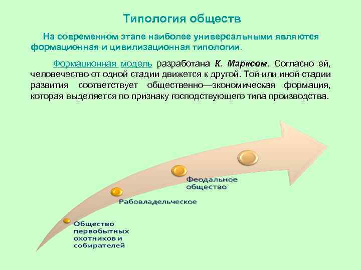 Типология обществ На современном этапе наиболее универсальными являются формационная и цивилизационная типологии. Формационная модель