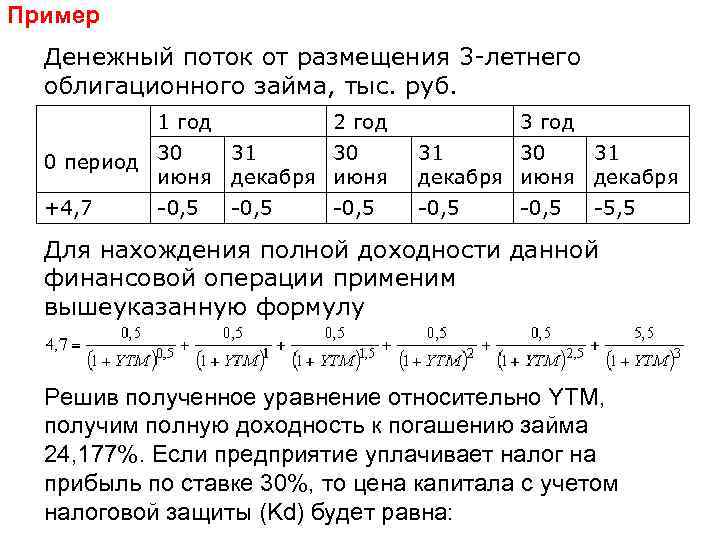 Пример Денежный поток от размещения 3 -летнего облигационного займа, тыс. руб. 1 год 2