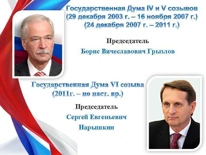 Председатель Борис Вячеславович Грызлов Председатель Сергей Евгеньевич Нарышкин 