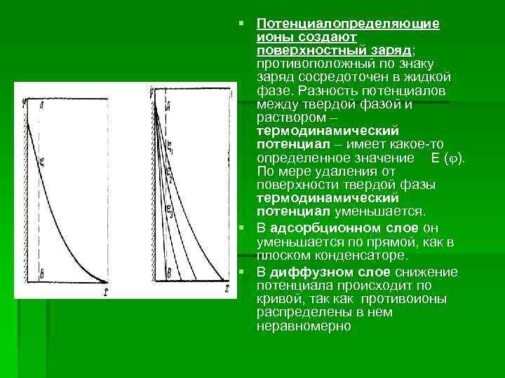 § Потенциалопределяющие ионы создают поверхностный заряд; противоположный по знаку заряд сосредоточен в жидкой фазе.