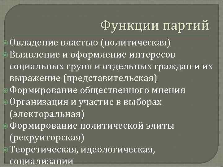 Функции партий Овладение властью (политическая) Выявление и оформление интересов социальных групп и отдельных граждан