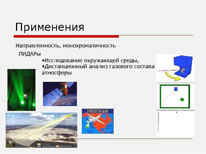 Применения Направленность, монохроматичность ЛИДАРы • Исследование окружающей среды, • Дистанционный анализ газового состава атмосферы