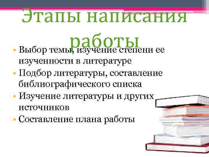Этапы написания работы • Выбор темы, изучение степени ее изученности в литературе • Подбор