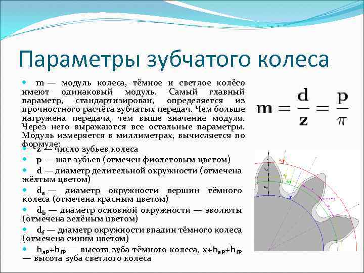 Параметры зубчатого колеса m — модуль колеса, тёмное и светлое колёсо имеют одинаковый модуль.