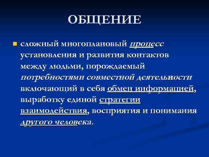 ОБЩЕНИЕ n сложный многоплановый процесс установления и развития контактов между людьми, порождаемый потребностями совместной