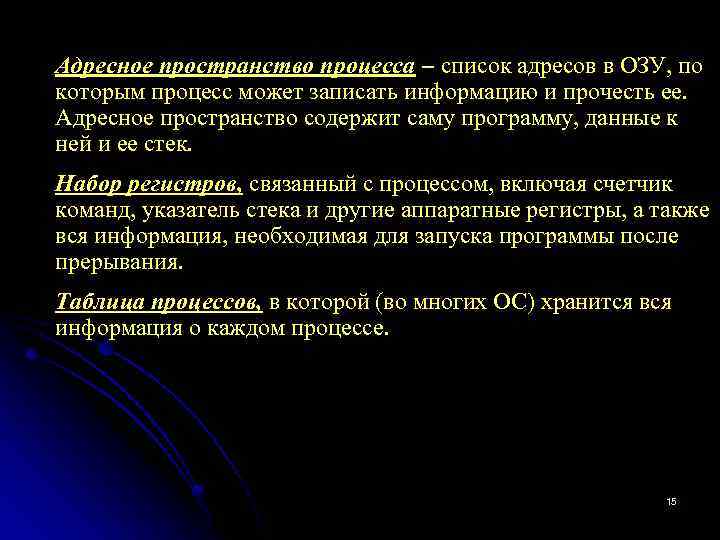 Адресное пространство процесса – список адресов в ОЗУ, по которым процесс может записать информацию