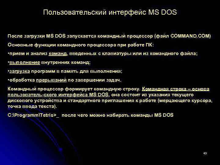 Пользовательский интерфейс MS DOS После загрузки MS DOS запускается командный процессор (файл COMMAND. COM)