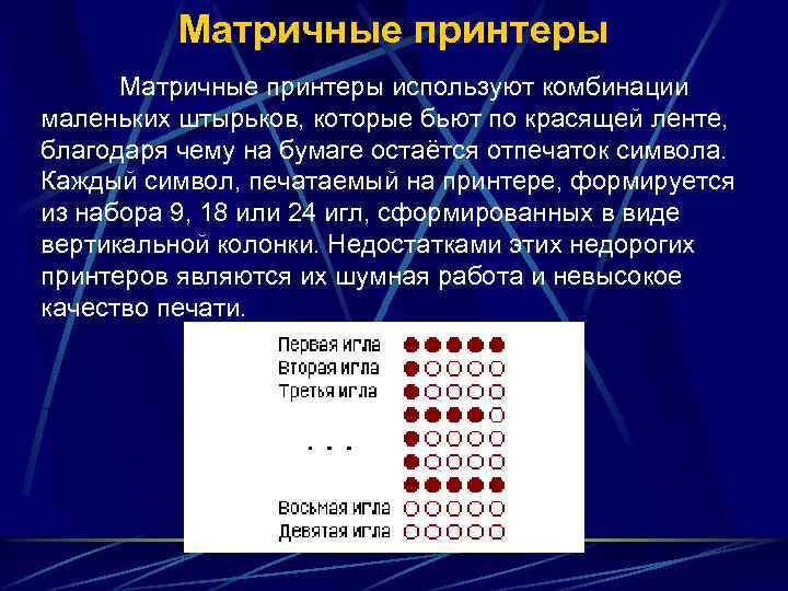 Матричные принтеры используют комбинации маленьких штырьков, которые бьют по красящей ленте, благодаря чему на