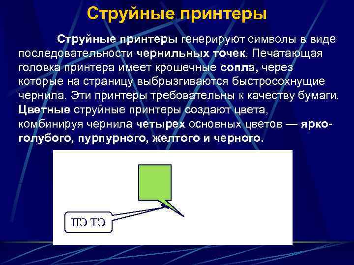 Струйные принтеры генерируют символы в виде последовательности чернильных точек. Печатающая головка принтера имеет крошечные