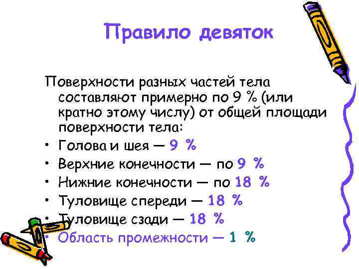 Правило девяток Поверхности разных частей тела составляют примерно по 9 % (или кратно этому