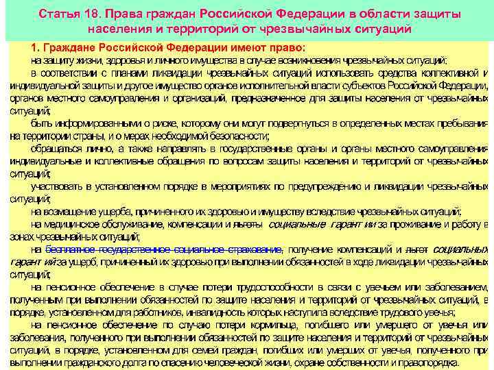 Статья 18. Права граждан Российской Федерации в области защиты населения и территорий от чрезвычайных
