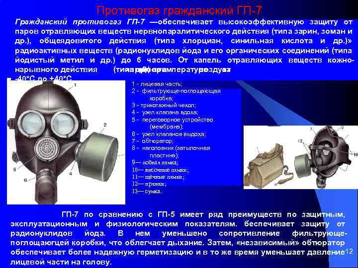 Противогаз гражданский ГП 7 Гражданский противогаз ГП-7 —обеспечивает высокоэффективную защиту от паров отравляющих веществ