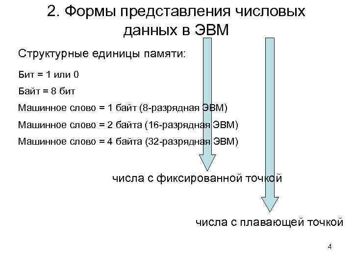 2. Формы представления числовых данных в ЭВМ Структурные единицы памяти: Бит = 1 или