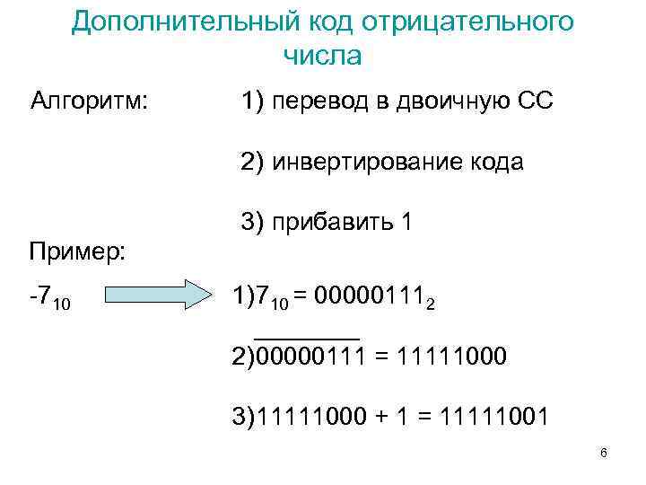 Дополнительный код отрицательного числа Алгоритм: 1) перевод в двоичную СС 2) инвертирование кода 3)