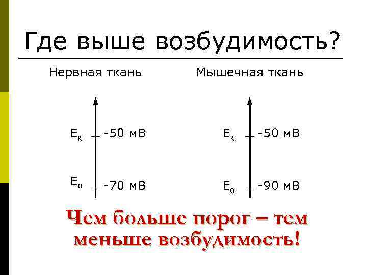 Где выше возбудимость? Нервная ткань Мышечная ткань Ек -50 м. В Ео -70 м.