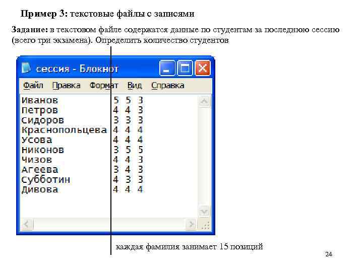 Пример 3: текстовые файлы с записями Задание: в текстовом файле содержатся данные по студентам