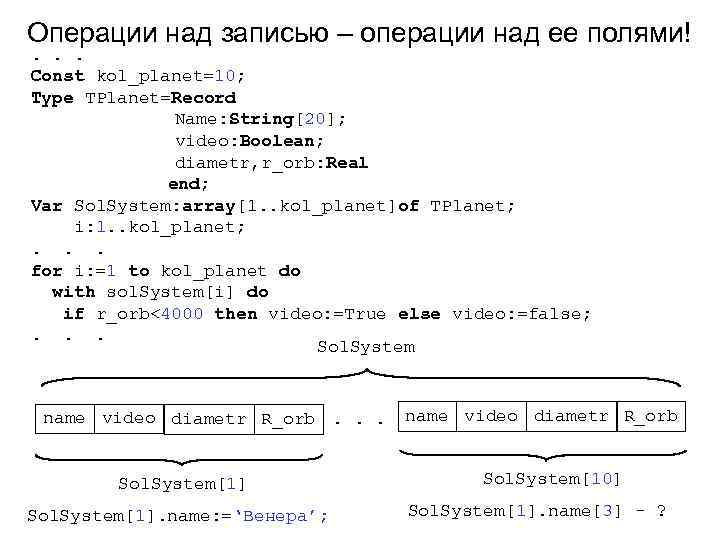 Операции над записью – операции над ее полями!. . . Const kol_planet=10; Type TPlanet=Record
