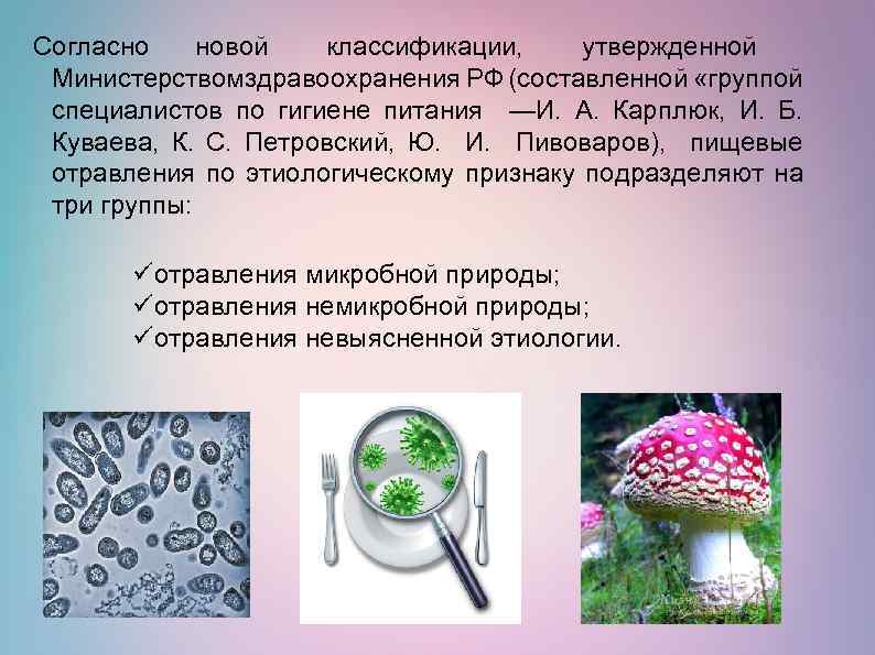Согласно новой классификации, утвержденной Министерствомздравоохранения РФ (составленной «группой специалистов по гигиене питания —И. А.