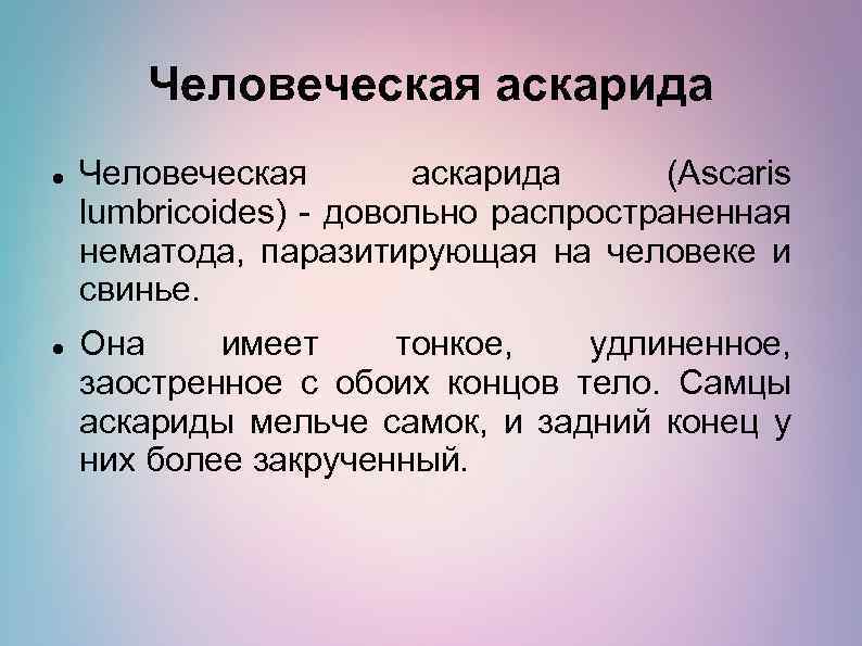 Человеческая аскарида (Ascaris lumbricoides) - довольно распространенная нематода, паразитирующая на человеке и свинье. Она