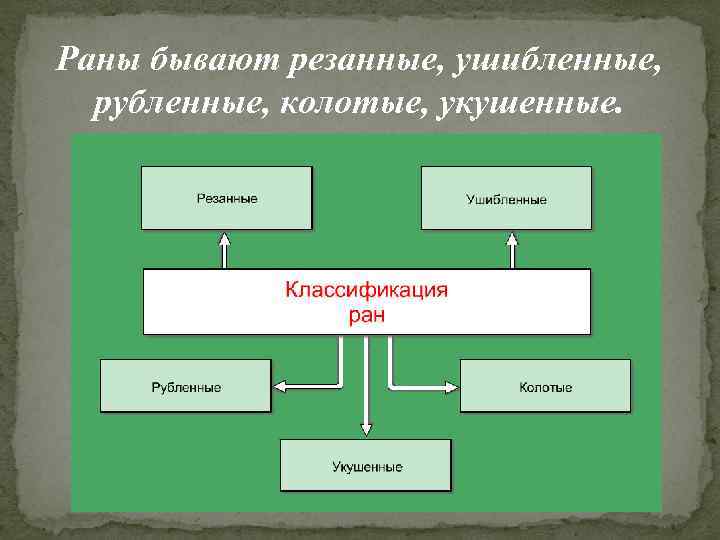 Раны бывают резанные, ушибленные, рубленные, колотые, укушенные. 