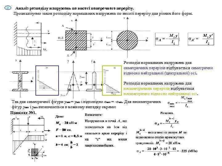 3 Аналіз розподілу напружень по висоті поперечного перерізу. Проаналізуємо закон розподілу нормальних напружень по
