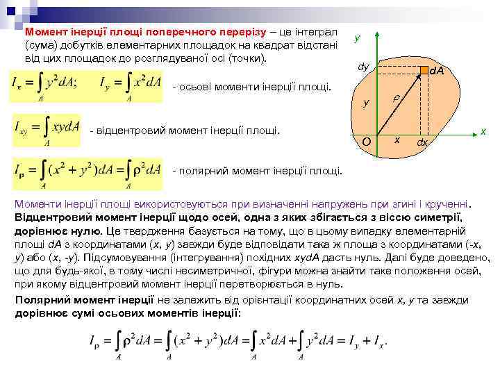 Момент інерції площі поперечного перерізу – це інтеграл (сума) добутків елементарних площадок на квадрат