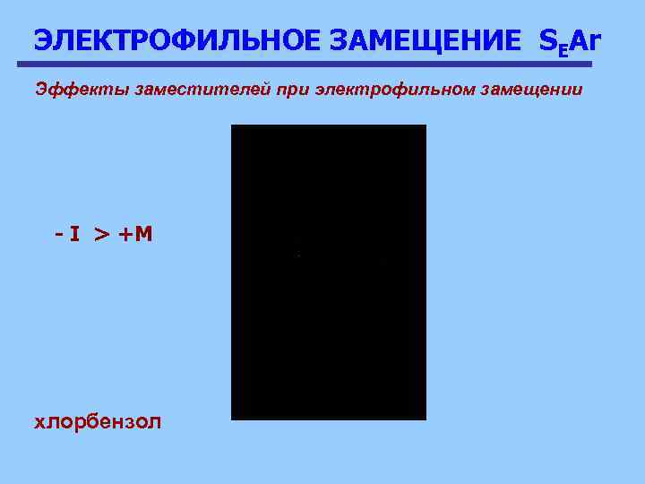 ЭЛЕКТРОФИЛЬНОЕ ЗАМЕЩЕНИЕ SEAr Эффекты заместителей при электрофильном замещении - I > +M хлорбензол 
