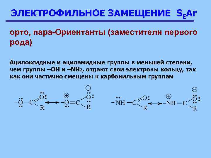 ЭЛЕКТРОФИЛЬНОЕ ЗАМЕЩЕНИЕ SEAr орто, пара-Ориентанты (заместители первого рода) Ацилоксидные и ациламидные группы в меньшей