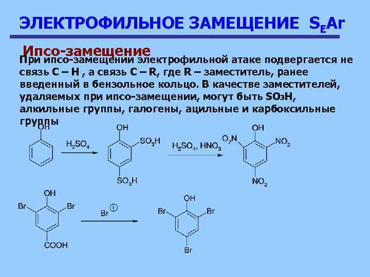 ЭЛЕКТРОФИЛЬНОЕ ЗАМЕЩЕНИЕ SEAr Ипсо-замещение При ипсо-замещении электрофильной атаке подвергается не связь C – H