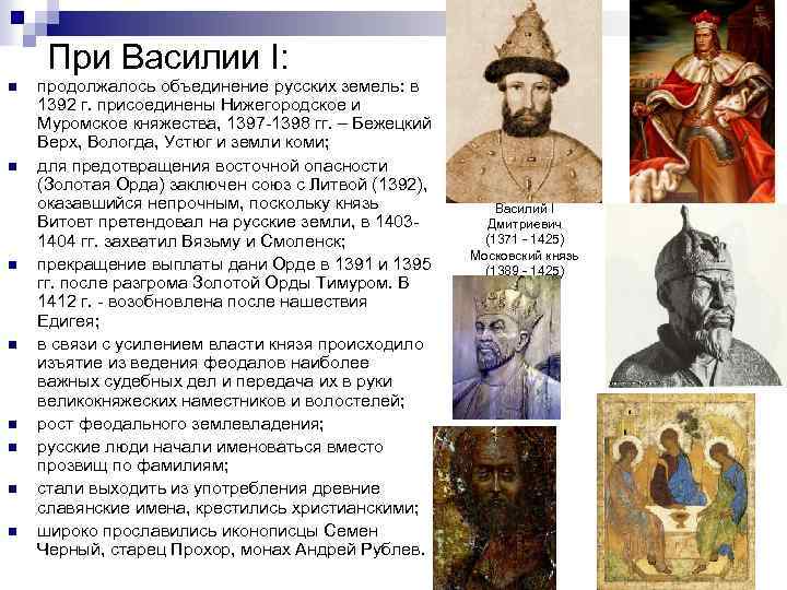 При Василии I: n n n n продолжалось объединение русских земель: в 1392 г.