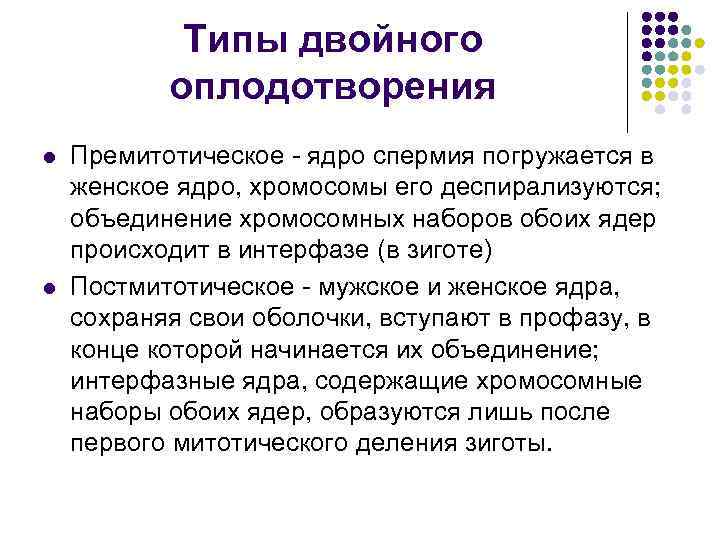 Типы двойного оплодотворения l l Премитотическое - ядро спермия погружается в женское ядро, хромосомы