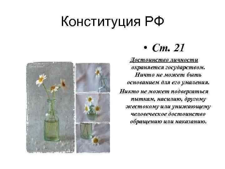 Конституция РФ • Ст. 21 Достоинство личности охраняется государством. Ничто не может быть основанием