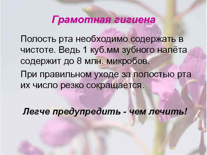 Грамотная гигиена Полость рта необходимо содержать в чистоте. Ведь 1 куб. мм зубного налёта