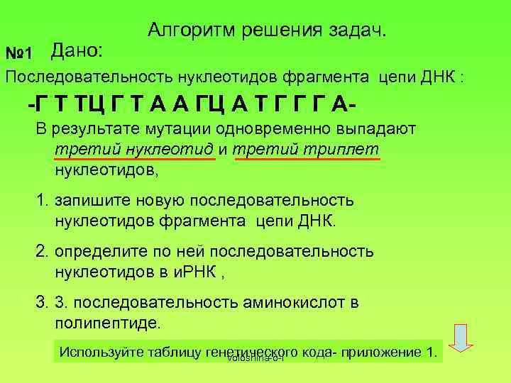 Алгоритм решения задач. № 1 Дано: Последовательность нуклеотидов фрагмента цепи ДНК : -Г Т